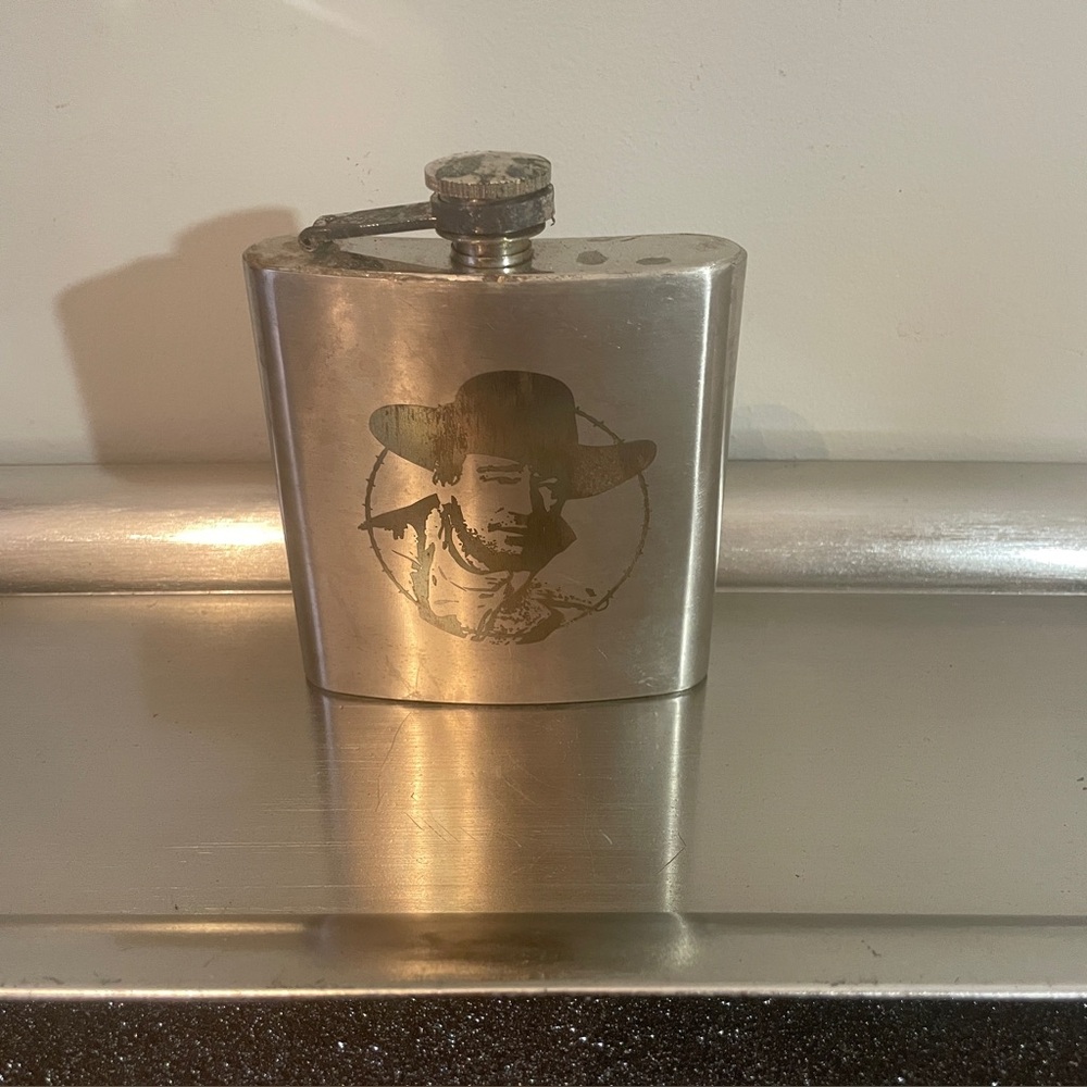 John Wayne hip flask featuring his image on the front & The Duke on back